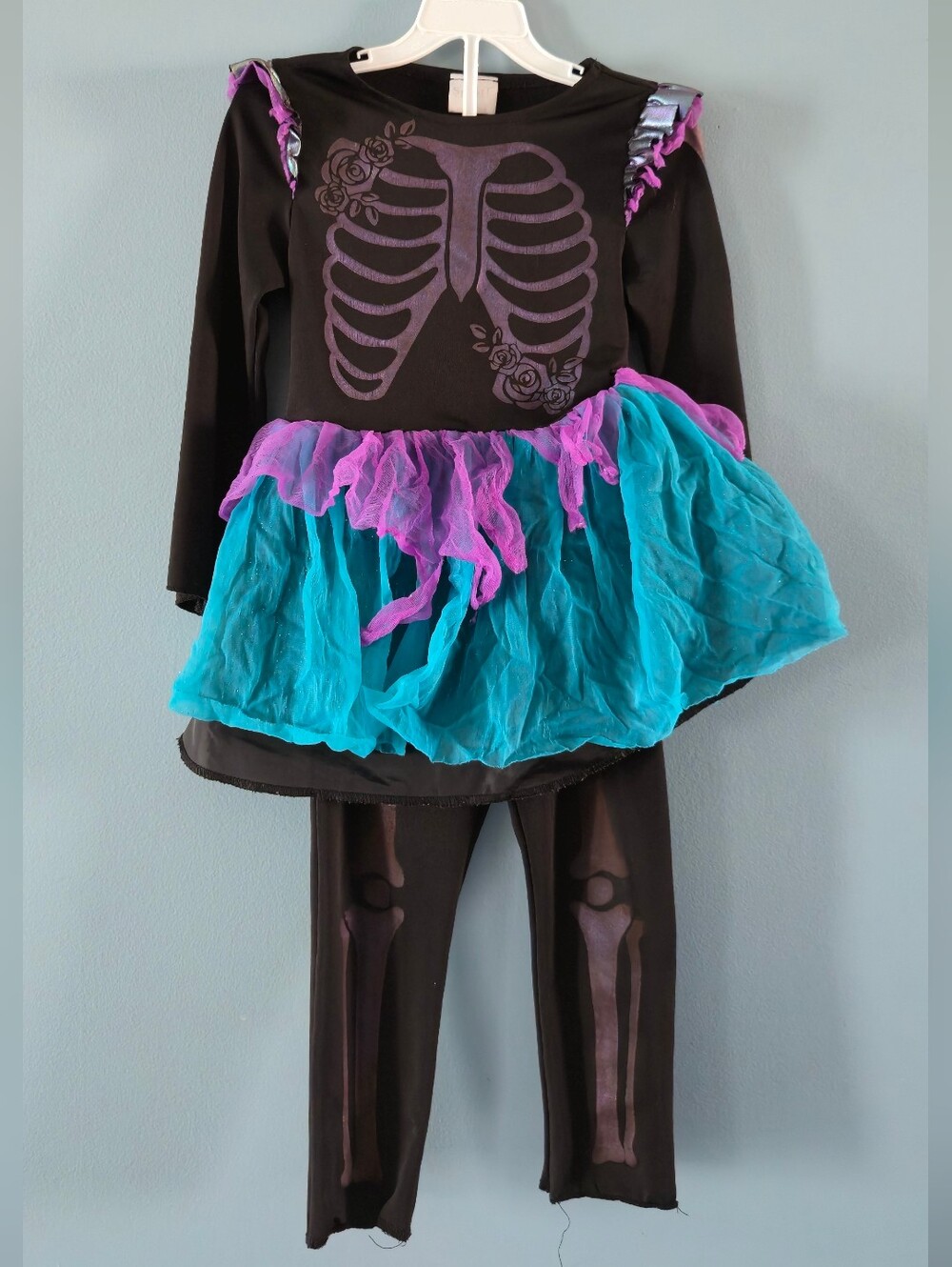 Girls Black Skeleton Tutu Costume with Purple and Teal Accents 3-4T